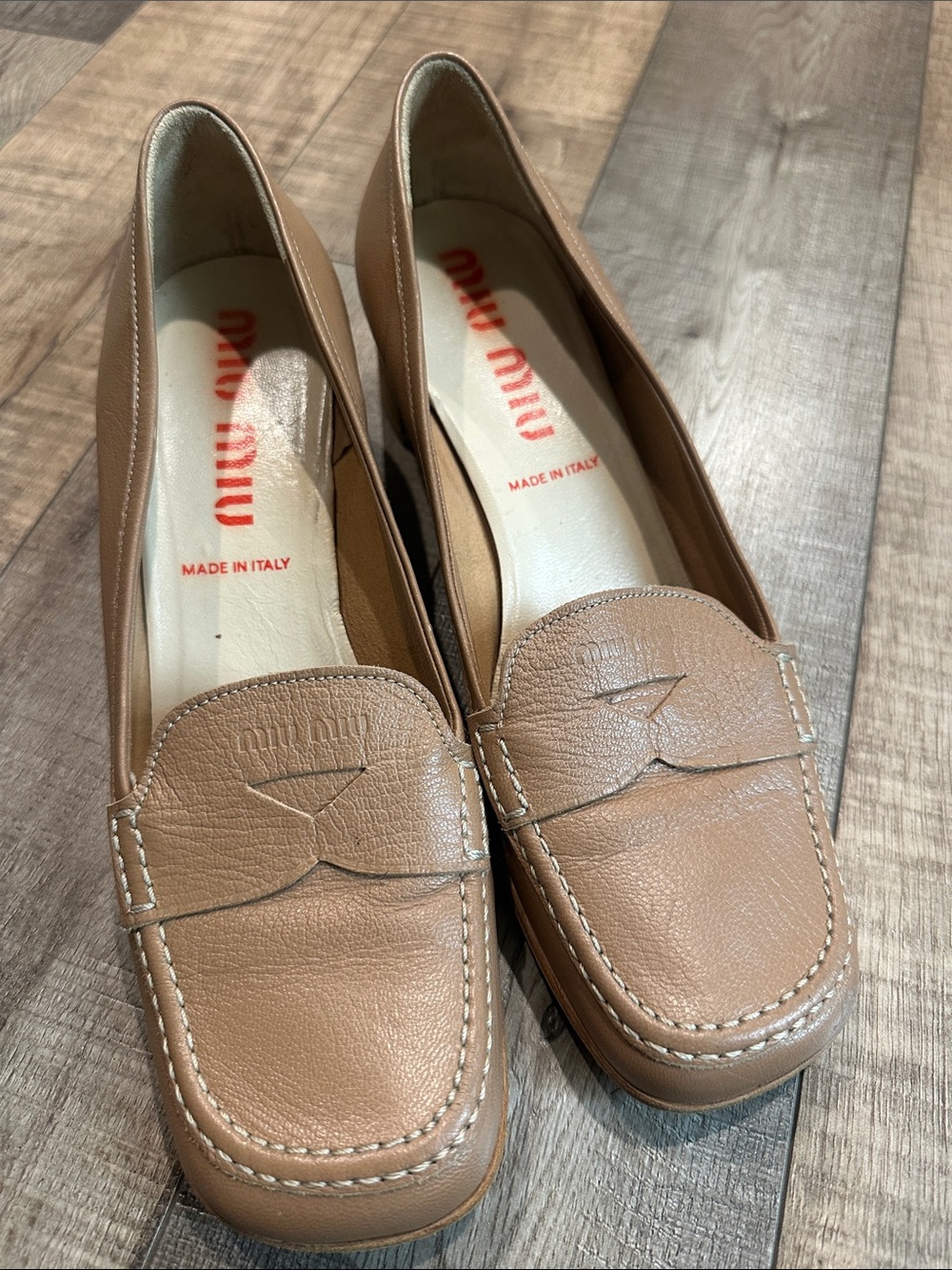 MIU MIU  beige black heel logo loafers size 38